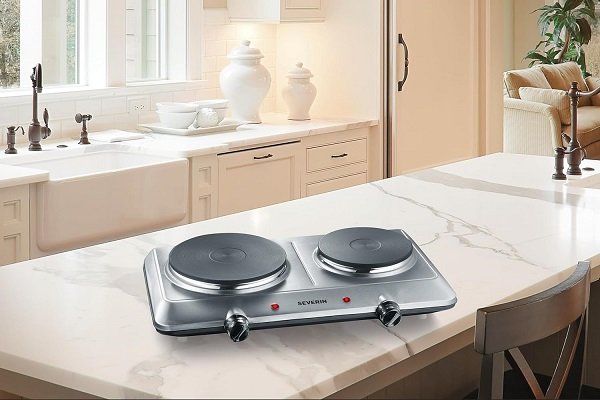 SEVERIN Placa de cocina doble portátil, placa eléctrica para cocinar con 2 fuegos, hornillo eléctrico de mesa con termostato